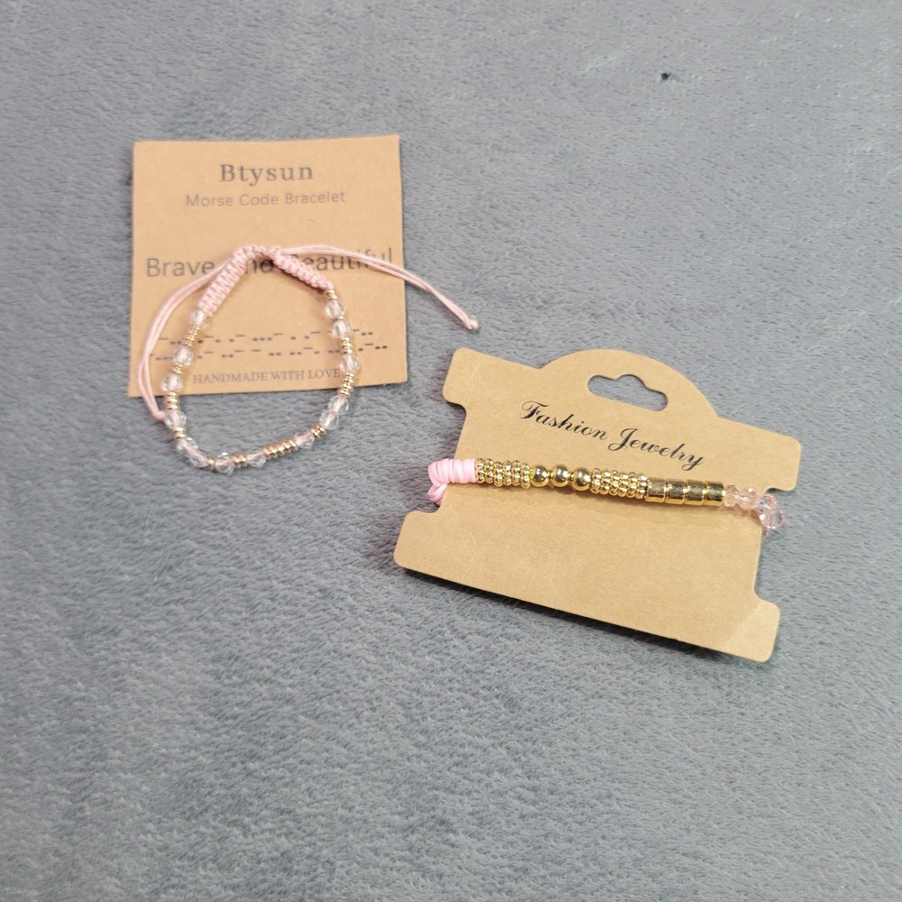 Btysun Morse Code Bracelet Set Women OS Pink Gold Brave And Beautiful Beaded 2pc